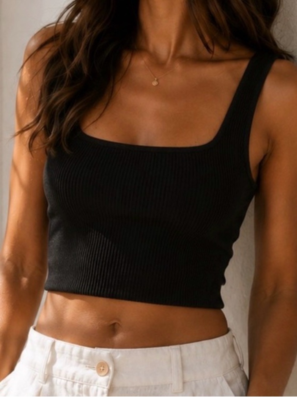Babaton Black Ribbed Square-Neck Crop Tank